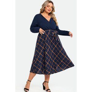 V-Neck Plaid Patchwork Belt Pocket Maxi Dress